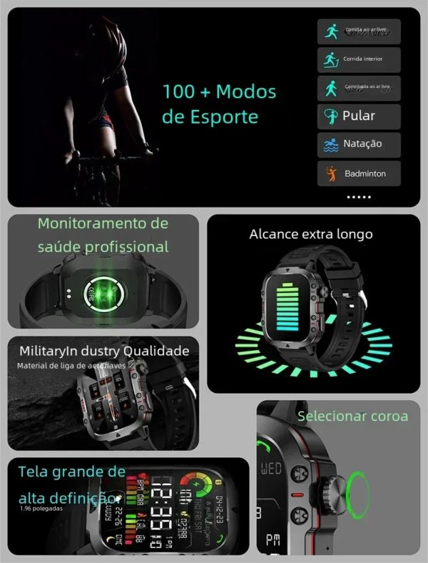 Outoor-Montre intelligente militaire pour homme, IP68, 5iko, tracker d'activité sportive, moniteur de santé, 2024 ", appel BT, montre intelligente pour Android, IOS, nouveau, 1.96 – Image 4