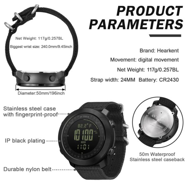 Avertk-Montre numérique de sport pour homme, course à pied, militaire, extérieur, boussole, altimètre, baromètre, montres-bracelets étanches à 50m – Image 2